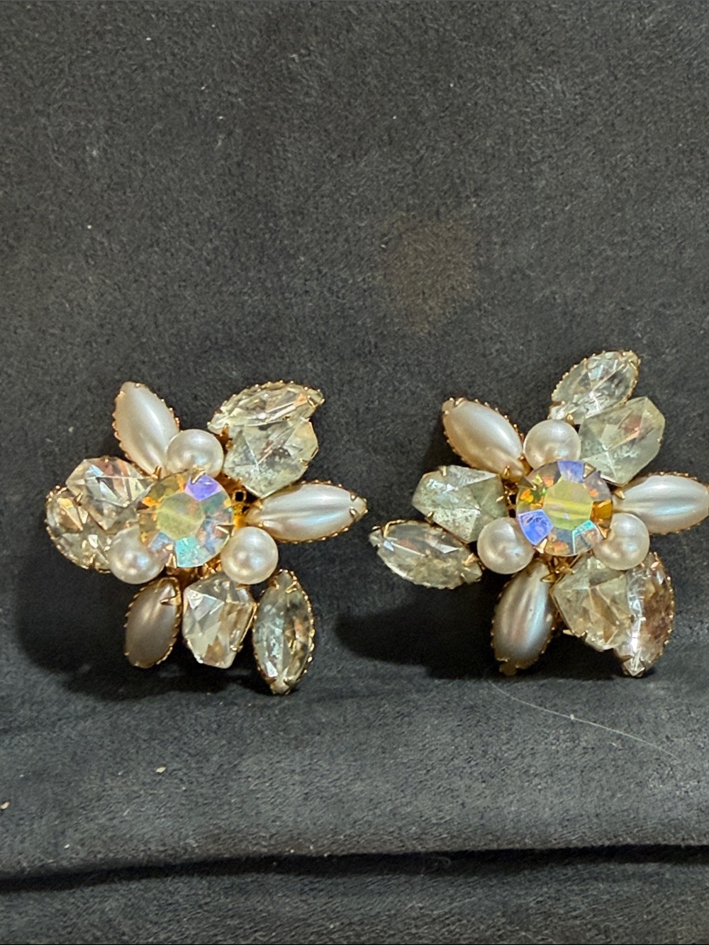 Vintage Judy Lee Gold Pearl & Crystal Floral Clip-On Earrings - Ivory Pearls